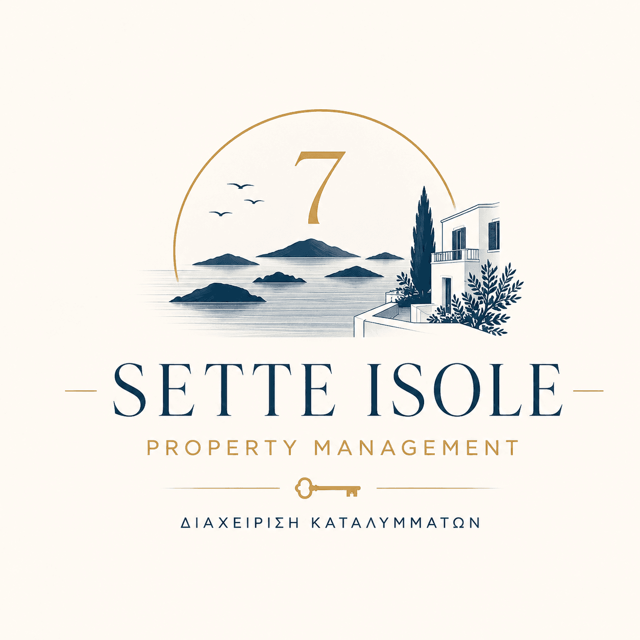 Sette Isole Property Management logo featuring a Mediterranean coastal scene, gold number seven, and key.