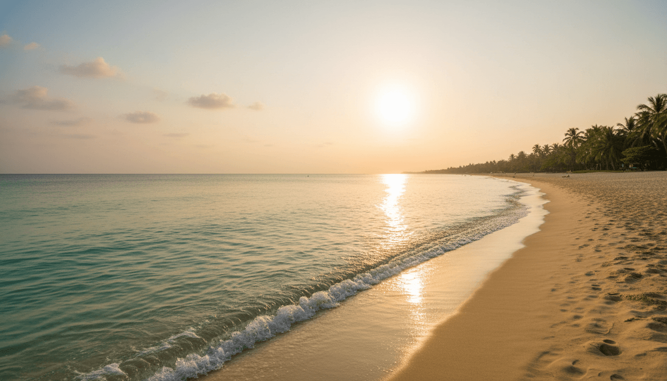 Calm turquoise sea and golden sandy beach in warm summer light