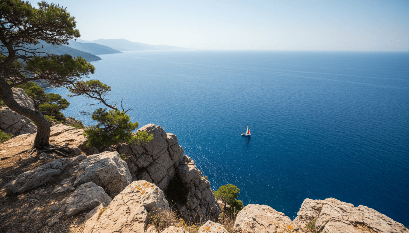 Cliffside lookout with a boat drifting across the deep blue water