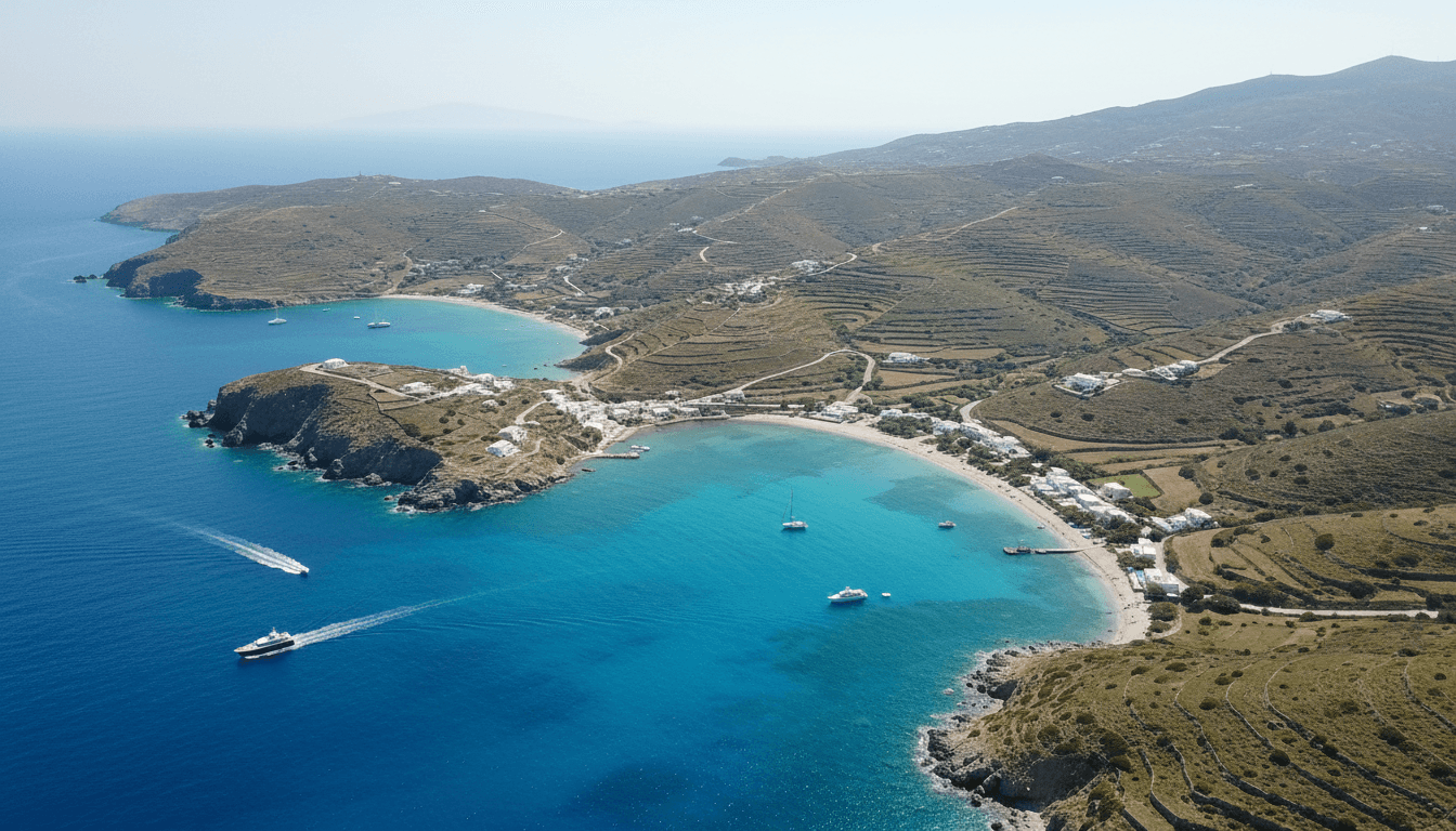Aerial view of green hills and coastline on a Greek island with a clear blue sea