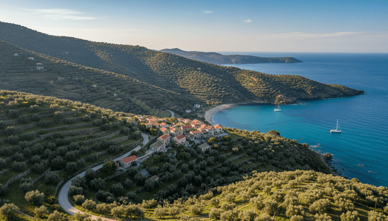 Olive groves and village homes tucked into the green hillsides