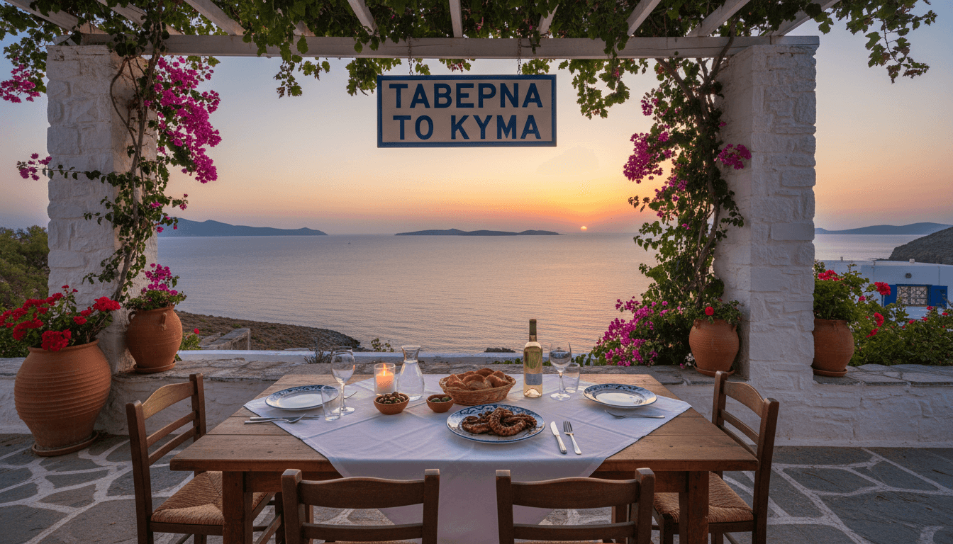 Family-run taverna terrace overlooking the sea at sunset