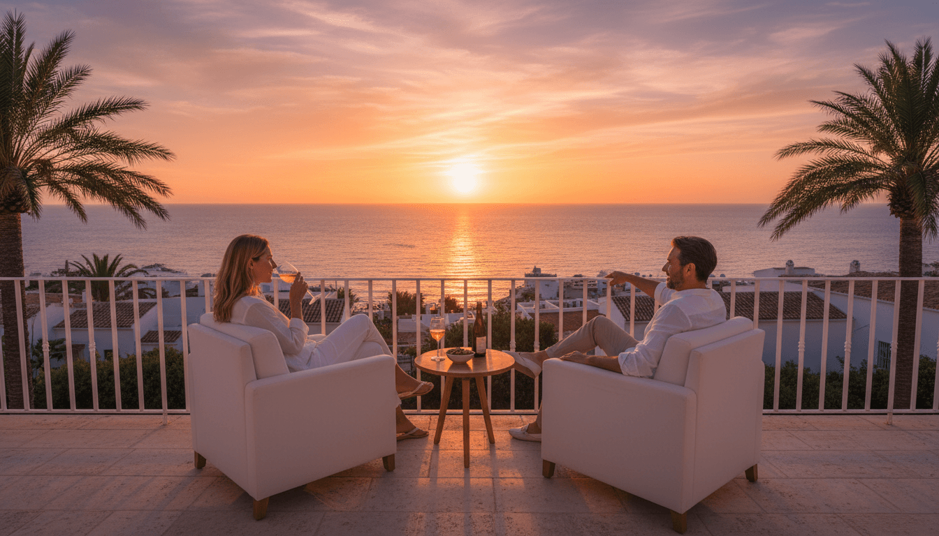 Guests relaxing on a balcony overlooking the Ionian Sea at sunset