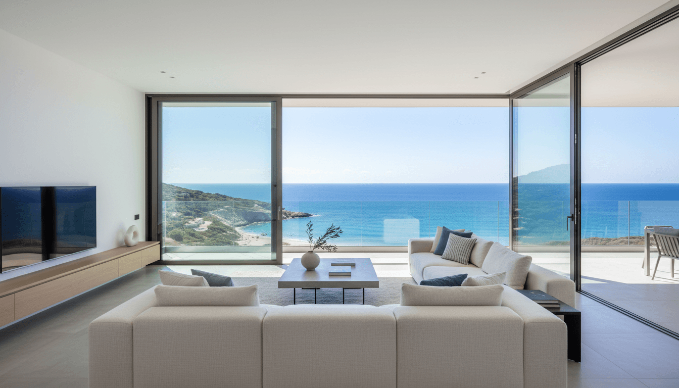 Modern Zakynthos apartment interior with Ionian Sea view and elegant furnishings.