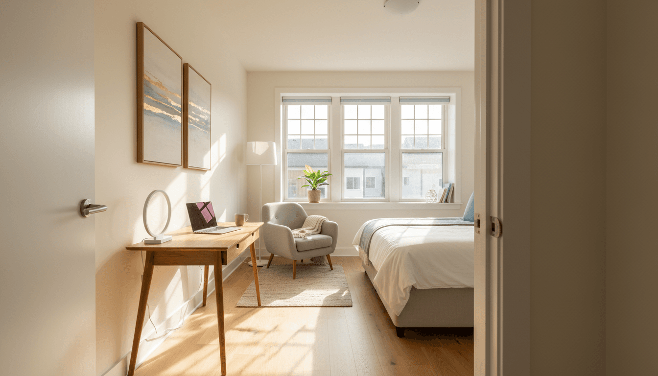 Bright apartment interior with a made bed and light from a window