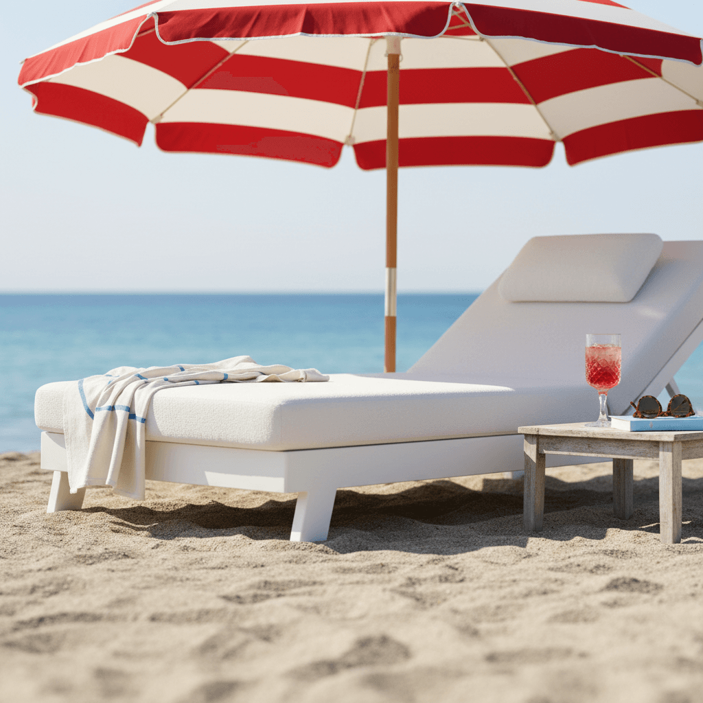 Busy beach with sun loungers and umbrellas along the water