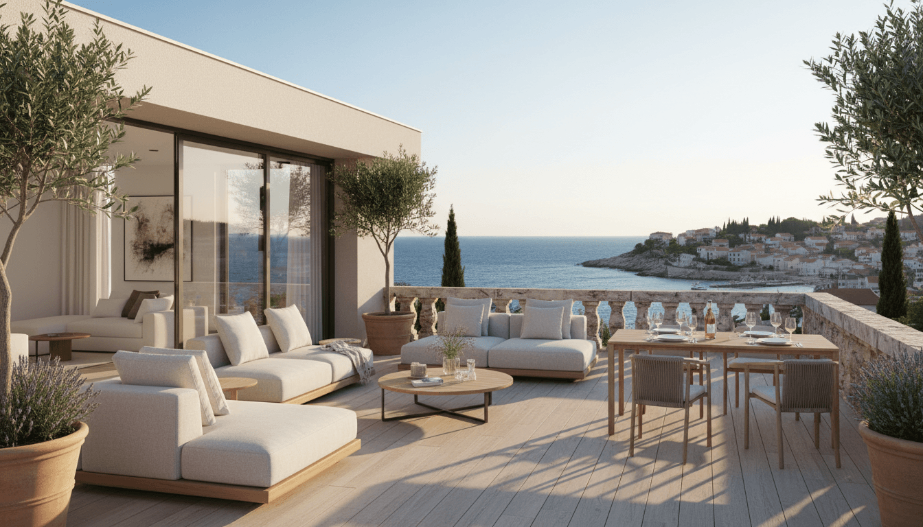 Bright holiday apartment balcony with a view of the Ionian Sea on Zakynthos